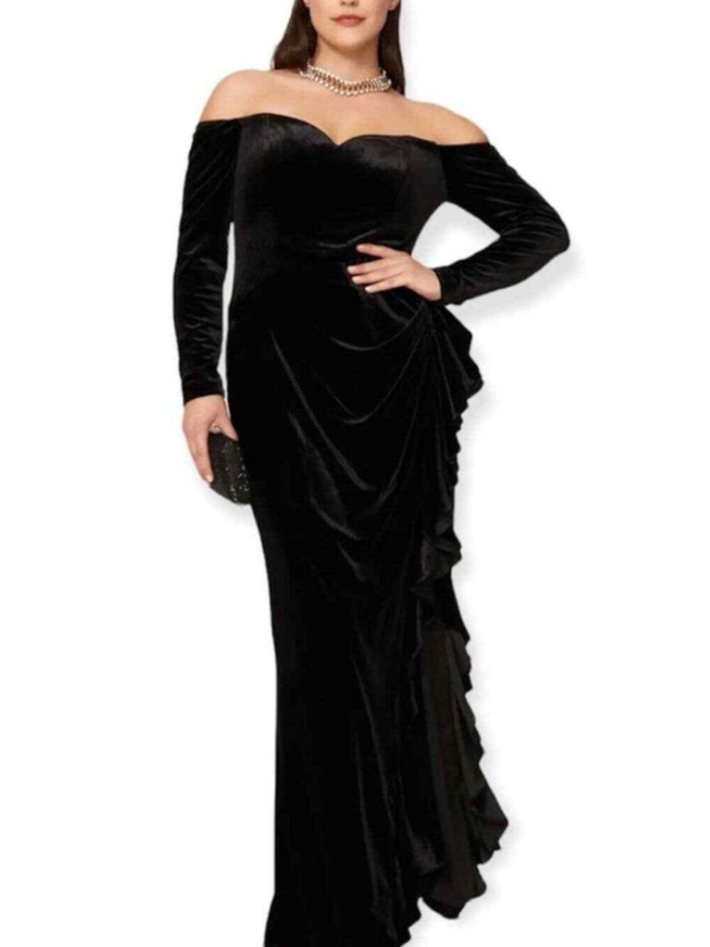 Badgley Mischka black velvet ruffle sweet heart neck, off the shoulder maxi sz 6